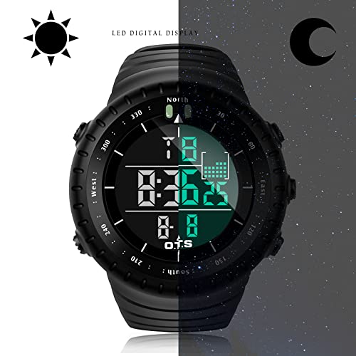 Reloj electrónico digital movimiento de cuarzo de muñeca deportivo para hombres Palada, resistente al del agua, militar casual de negocio con retroiluminación LED - Negro.