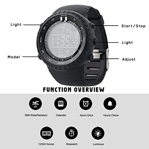 Reloj electrónico digital movimiento de cuarzo de muñeca deportivo para hombres Palada, resistente al del agua, militar casual de negocio con retroiluminación LED - Negro.