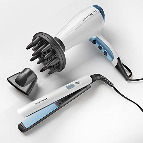 Remington Plancha de Pelo Shine Therapy, Aceite de Argán, Placas Flotantes Extralargas, Resultados Profesionales, Cabello Brillante, Cerámica Avanzada, 9 Temperaturas hasta 230°C, Digital, S8500