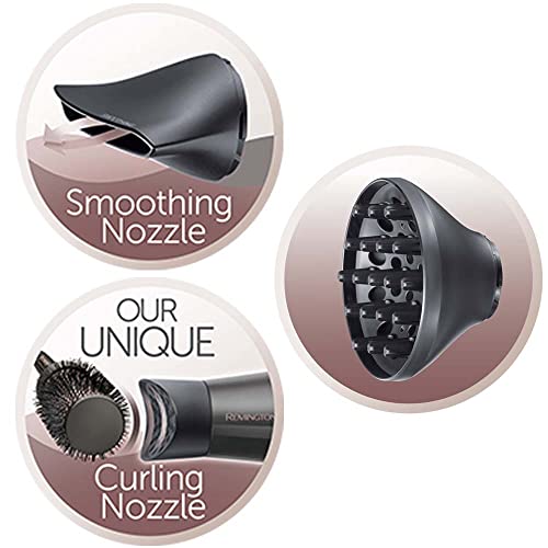 Remington Secador de Pelo Curl & Straight Confidence, 2 en 1 Alisa y Riza, Iónico, 2200 W, 2 Concentradores, 1 Difusor y Cepillo de Barril, 3 Temperaturas, 2 Velocidades, Color Negro Y Rosa, D5707