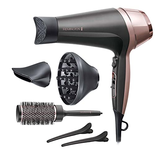 Remington Secador de Pelo Curl & Straight Confidence, 2 en 1 Alisa y Riza, Iónico, 2200 W, 2 Concentradores, 1 Difusor y Cepillo de Barril, 3 Temperaturas, 2 Velocidades, Color Negro Y Rosa, D5707