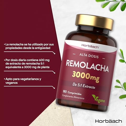 Remolacha Suplemento 3000mg | Beetroot Extract Supplement | Potenciador de superalimento de óxido nítrico | 180 Pastillas Veganas | by Horbaach