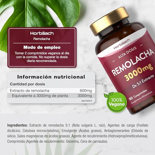 Remolacha Suplemento 3000mg | Beetroot Extract Supplement | Potenciador de superalimento de óxido nítrico | 180 Pastillas Veganas | by Horbaach