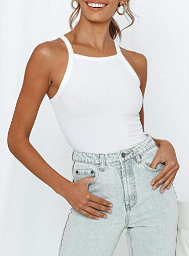 REORIA Camiseta sin mangas de punto acanalado con cuello halter y espalda cruzada para mujer blanco S