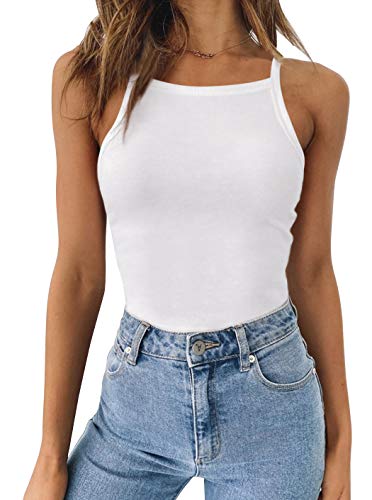 REORIA Camiseta sin mangas de punto acanalado con cuello halter y espalda cruzada para mujer blanco S