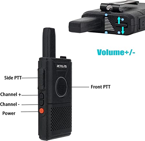 Retevis RT618 Walkie Talkie con Auriculares, Mini Radio PMR446, Radio PTT Doble Largo Alcance y 2 Vías, 16 Canales, VOX, Emergencia, Walky Talky para Hotel, Venta al por Menor (Negro, 4 Piezas)