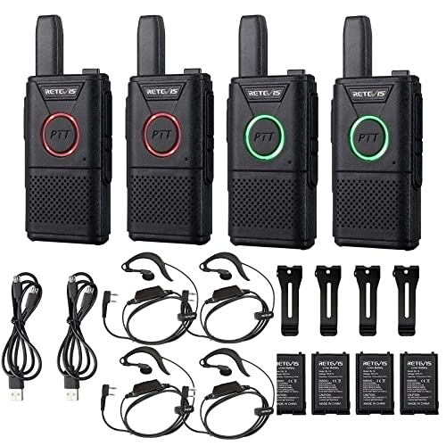 Retevis RT618 Walkie Talkie con Auriculares, Mini Radio PMR446, Radio PTT Doble Largo Alcance y 2 Vías, 16 Canales, VOX, Emergencia, Walky Talky para Hotel, Venta al por Menor (Negro, 4 Piezas)