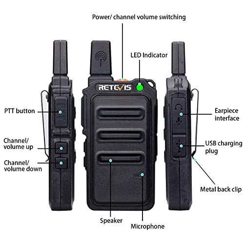 Retevis RT619 Walkie Talkie Profesional, PMR446 sin Licencia 16 Canales, VOX 50CTCSS/210DCS, Walkie Recargable, Mini Walkie Talkie con Auriculars para Familia Gifts, Restaurantes (Negro, 2 Par)