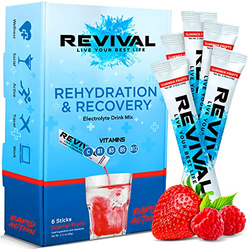 Revival Bebida Isotónica Polvos Electrolitos - Potente Suplemento Multivitamínico, Sales Minerales Para Deporte y Hidratación - Frutas de Verano 6 Paquete