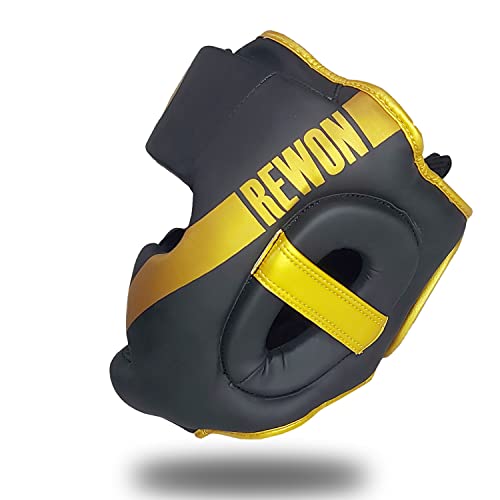 REWON Casco de Boxeo - Protector de Cabeza Boxeo Completo, Cascos Boxing MMA Kickboxing Helmet Combate Grappling Taekwondo Karate Headguard Entrenamiento Hombre Mujere (Dorado, Medium)