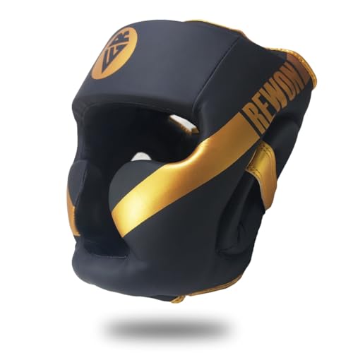 REWON Casco de Boxeo - Protector de Cabeza Boxeo Completo, Cascos Boxing MMA Kickboxing Helmet Combate Grappling Taekwondo Karate Headguard Entrenamiento Hombre Mujere (Dorado, Medium)