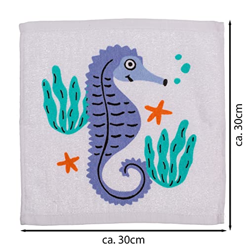 ReWu Toalla mágica de algodón, diseño de animales marinos, juego de 6 unidades, 30x30 cm, regalo de cumpleaños infantil, regalo de viaje, 100% algodón