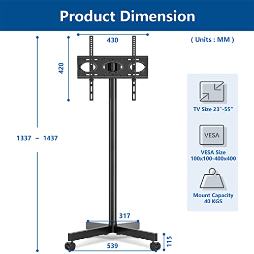 RFIVER Soporte TV Pie Ruedas para Television de 23-55 Pulgadas de Plasma/LCD/LED,Carro de TV Universal Soporte TV Suelo Móvil con Altura Ajustable de hasta 35 kg.Máx VESA 400x400 mm