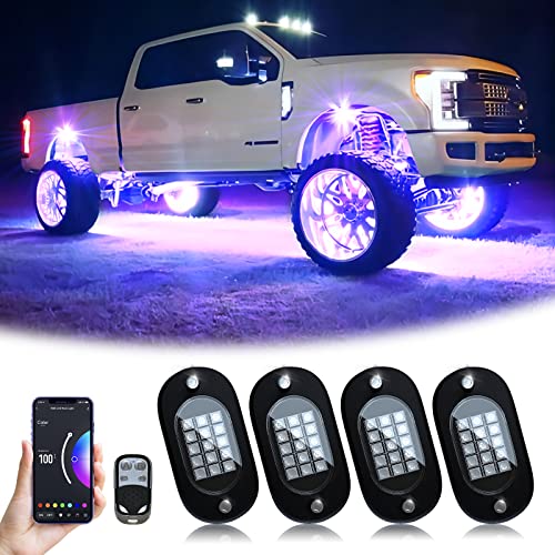 RGB LED Rock Light,60 LED de Alto Brillo Kit de neón a Prueba de Agua de la luz del Coche con Control de App/RF luz de la Roca de 16 Millones de Colores para SUV vehículos Todo Terreno,DC 12V （4 pcs）