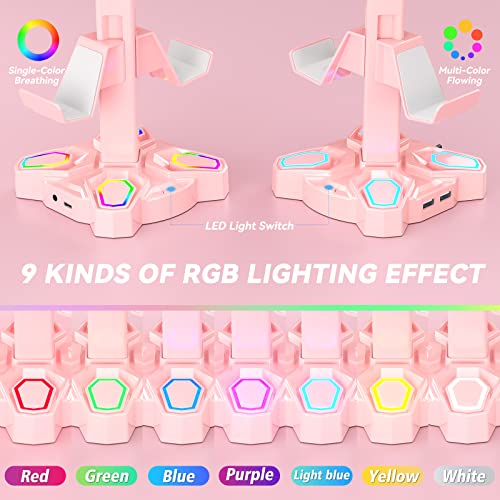 RGB Soporte Auriculares Gaming, Soporte para Cascos Gaming Giratorio con 9 Modos de Luz, Soporte Mando con 2 Puertos USB, Puerto Tipo-C y 3,5mm Conector de Audio, Headphone Stand para Gamers (Rosa)