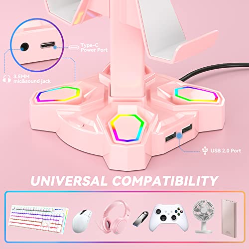 RGB Soporte Auriculares Gaming, Soporte para Cascos Gaming Giratorio con 9 Modos de Luz, Soporte Mando con 2 Puertos USB, Puerto Tipo-C y 3,5mm Conector de Audio, Headphone Stand para Gamers (Rosa)