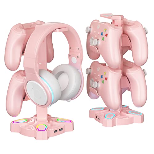 RGB Soporte Auriculares Gaming, Soporte para Cascos Gaming Giratorio con 9 Modos de Luz, Soporte Mando con 2 Puertos USB, Puerto Tipo-C y 3,5mm Conector de Audio, Headphone Stand para Gamers (Rosa)