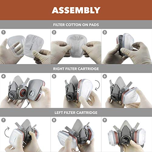 RHINO Smart Solutions - Cubierta Facial (Semi-Cara) Antipolvo Reutilizable con Gafas, Guantes, 6 Filtros de Protección de Partículas para Pintura Industria Gas Carpintería Bricolaje Barnizado Vapor