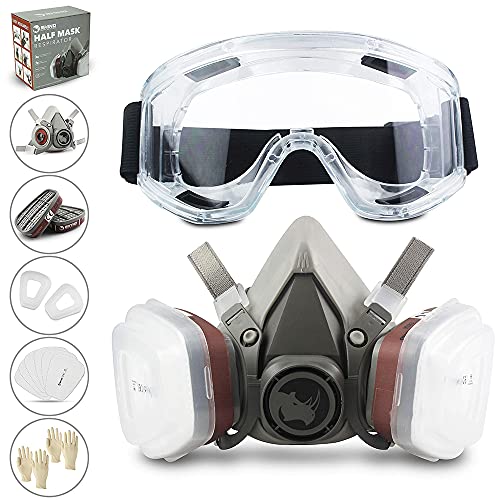 RHINO Smart Solutions - Cubierta Facial (Semi-Cara) Antipolvo Reutilizable con Gafas, Guantes, 6 Filtros de Protección de Partículas para Pintura Industria Gas Carpintería Bricolaje Barnizado Vapor