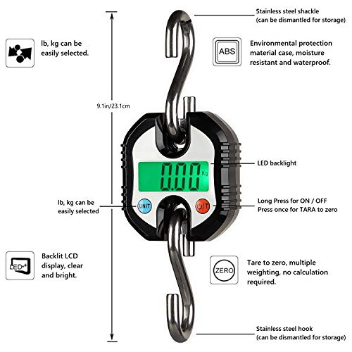 Rhorawill Bascula Digital Viaje Digital Balanza Báscula de Equipaje Báscula de Pesca, Hasta 150 kg, Bascula Viaje con Pantalla LCD y 2 Ganchos Desmontables, Para Viaje, Pesca, al Aire Libre (Negro)