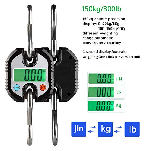 Rhorawill Bascula Digital Viaje Digital Balanza Báscula de Equipaje Báscula de Pesca, Hasta 150 kg, Bascula Viaje con Pantalla LCD y 2 Ganchos Desmontables, Para Viaje, Pesca, al Aire Libre (Negro)