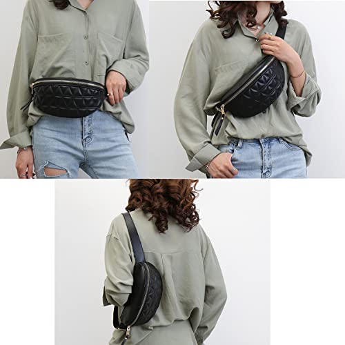 Riñoneras para Mujer Impermeable, Fanny Bag Waist Pack Ajustable Bolso de Cintura de Moda Cuero PU para Viaje Trabajo Fiesta (Negro)