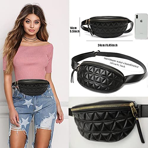 Riñoneras para Mujer Impermeable, Fanny Bag Waist Pack Ajustable Bolso de Cintura de Moda Cuero PU para Viaje Trabajo Fiesta (Negro)