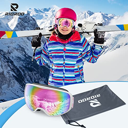 RIOROO Gafas Esqui Niños 3~10 Años Mascara Esqui Niño Gafas de Esqui Niña Niño OTG Casco compatible, 100% Anti-Niebla Anti Protección UV para Esquiar Snowboard Deportes de Invierno-lente doble