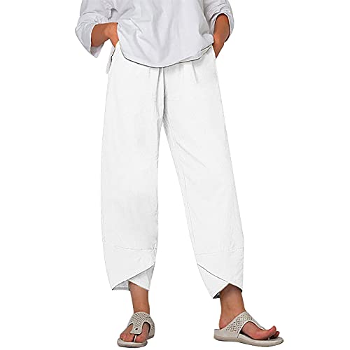 riou Pantalones Anchos Mujer 7/8 Cintura Alta Color Sólido Lino Pants de harén con Bolsillos Suelto Pantalones de Playa NiñA Adolescente Danza Pilates Yoga Pants Vacaciones, A17-blanco, XL