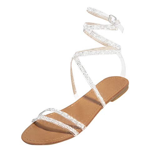 riou Sandalias Mujer con Tiras y Pedrería Planas Sandalias Punta Abierta Tacon Medio Chanclas Zapatos Romanas Casual RomaHebilla Zapatillas Informal