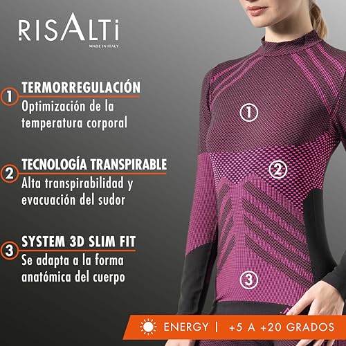 RISALTI Camiseta Termica Mujer Cuello Alto Energy - Camiseta Cuello Alto Mujer Elástica y Transpirable, Ropa Interior Mujer, Camiseta Interior Mujer Sin Costuras - Made in Italy