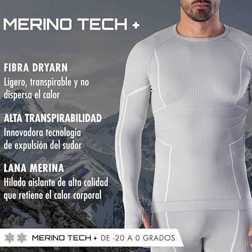 Risalti Camiseta térmica para hombre de manga larga Merino Tech – Maillots térmicas de compresión de lana merina, ropa interior térmica para hombre de invierno, térmica para hombre sin costuras – Made