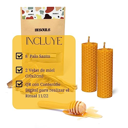 Ritual Mágico de Buena Suerte 11/22: 8 Palo Santo Incienso Natural + 2 Velas de Miel Pura Cera de Abeja – Kit Especial para los días 11/22 – QR de Contenido Digital Exclusivo – Atrae la Buena Fortuna