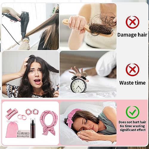 Rizador de Pelo Sin Calor, Terciopelo, DIY Heatless Hair Curlers, Ondas Pelo con Clip, Cinta Para Cabello Largo