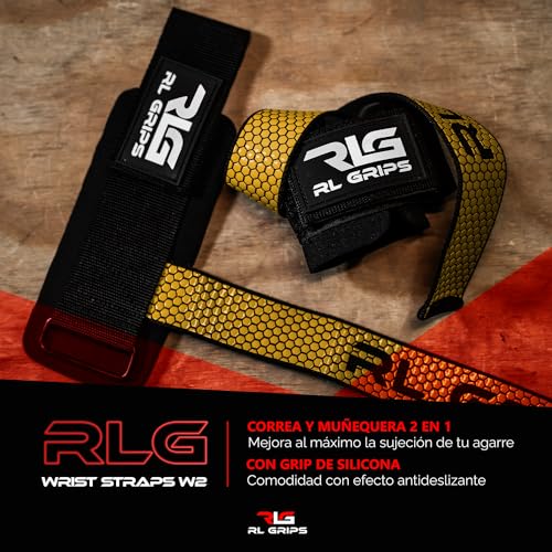 RL Grips® Straps Gym con Muñequera para Levantamiento de Pesas y Powerlifting - Correas de Agarre para Espalda con Protección de Muñeca - Agarraderas de Gimnasio para Peso Muerto y Gym (Amarillo)