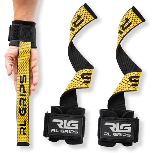 RL Grips® Straps Gym con Muñequera para Levantamiento de Pesas y Powerlifting - Correas de Agarre para Espalda con Protección de Muñeca - Agarraderas de Gimnasio para Peso Muerto y Gym (Amarillo)