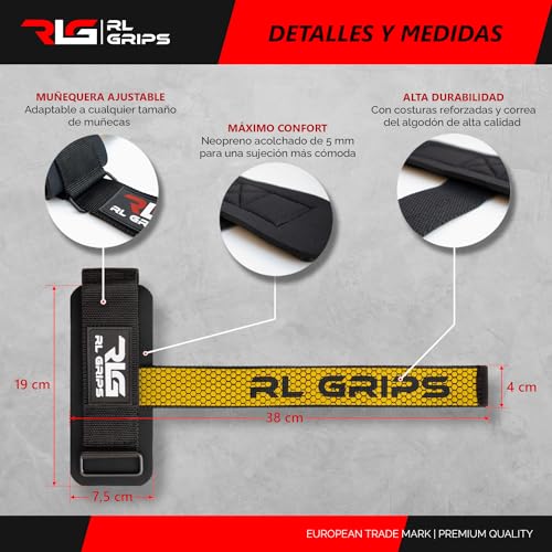 RL Grips® Straps Gym con Muñequera para Levantamiento de Pesas y Powerlifting - Correas de Agarre para Espalda con Protección de Muñeca - Agarraderas de Gimnasio para Peso Muerto y Gym (Amarillo)