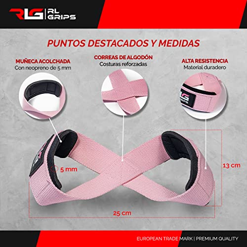 RL Grips™ Straps 8 Gym para Levantamiento de Pesas y Powerlifting Profesional Acolchado - Correas de Agarre en Forma de 8 de Gimnasio y Fitness Peso Muerto y Culturismo (Rosa (sin Grip))