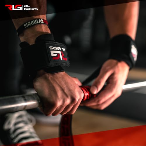 RL Grips™ Straps Gym con Muñequera para Levantamiento de Pesas y Powerlifting - Correas de Agarre para Espalda con Protección de Muñeca - Agarraderas de Gimnasio para Peso Muerto y Culturismo (Rojo)