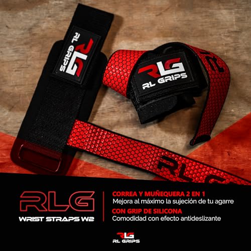 RL Grips™ Straps Gym con Muñequera para Levantamiento de Pesas y Powerlifting - Correas de Agarre para Espalda con Protección de Muñeca - Agarraderas de Gimnasio para Peso Muerto y Culturismo (Rojo)