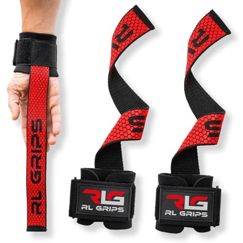 RL Grips™ Straps Gym con Muñequera para Levantamiento de Pesas y Powerlifting - Correas de Agarre para Espalda con Protección de Muñeca - Agarraderas de Gimnasio para Peso Muerto y Culturismo (Rojo)