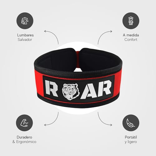 Roar® Cinturón Lumbar Gimnasio, Cinturon Gimnasio Hombre y Mujer, Cinturon Halterofilia, Powerlifting, Levantamiento Peso, Musculacion, Cinturon Gym Hombre, Cinturon Pesas (Rojo, L)