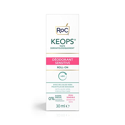 RoC - KEOPS Desodorante Roll-On Piel Sensible - Antitranspirante - Eficacia 48 Horas - Reduce la Humedad y el Malestar - Sin Alcohol y Sin Fragancia - Aloe Vera - 30 ml