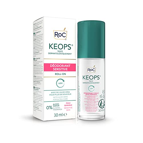 RoC - KEOPS Desodorante Roll-On Piel Sensible - Antitranspirante - Eficacia 48 Horas - Reduce la Humedad y el Malestar - Sin Alcohol y Sin Fragancia - Aloe Vera - 30 ml