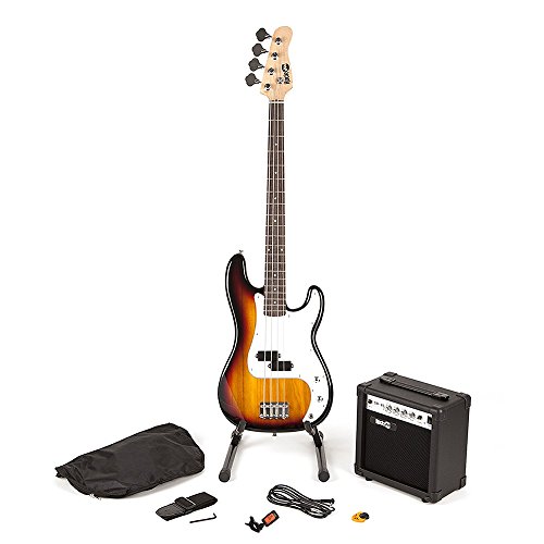 RockJam Super Kit de bajo de tamaño completo con amplificador de guitarra, Sintonizador de guitarra, Soporte, Bolsa y accesorios Sunburst