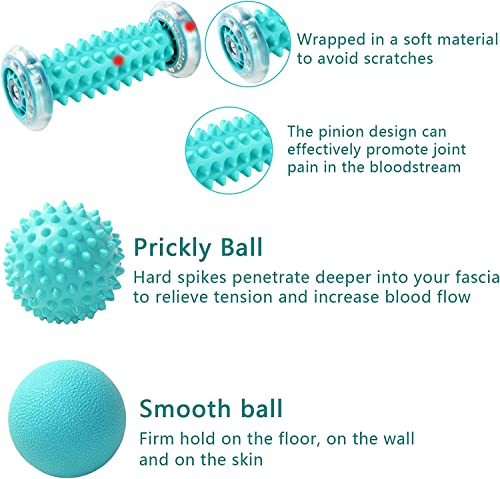 Rodillo de Masaje, Masajeador Suave para Pies y Manos, Masajeador ergonómico para aliviar dolor de Fascitis Plantar, músculo, cervical, muñecas y etc. Con 2 Pelotas Masaje.