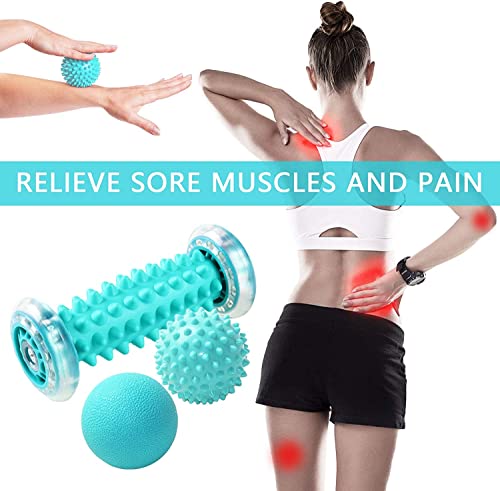 Rodillo de Masaje, Masajeador Suave para Pies y Manos, Masajeador ergonómico para aliviar dolor de Fascitis Plantar, músculo, cervical, muñecas y etc. Con 2 Pelotas Masaje.