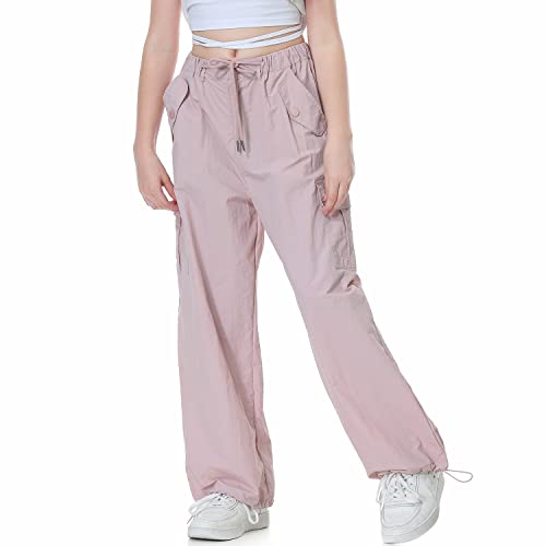 Rolanko Pantalón Cargo Paracaídas Holgado para Niña, Y2K Vintage Joggers con Cintura Elástica Ajustable para Niños Fit, Rosa, Talla:150