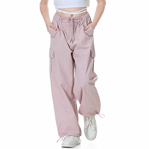 Rolanko Pantalón Cargo Paracaídas Holgado para Niña, Y2K Vintage Joggers con Cintura Elástica Ajustable para Niños Fit, Rosa, Talla:150