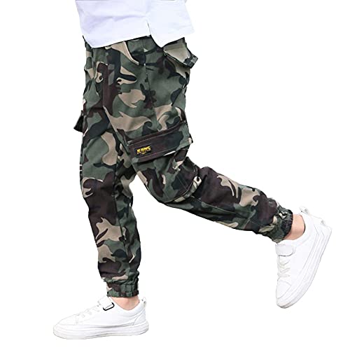 Rolanko Pantalones Cargo De Camuflaje para Niños, Corredores De Algodón con Múltiples Bolsillos y Cintura Elástica para Niños, Camuflaje, Tamaño De La Etiqueta: 160